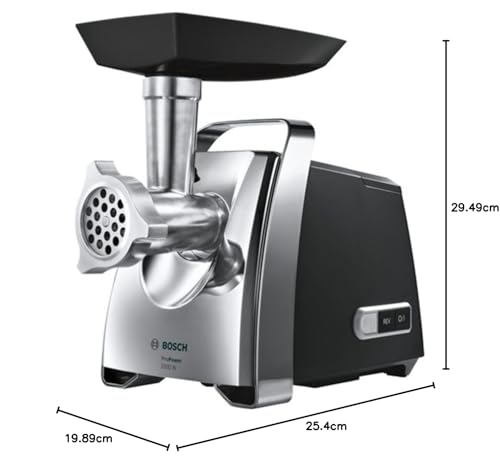 Bosch MFW67440 ProPower Fleischwolf | Elektrischer Fleischwolf 1500W | Mit 3 Lochscheiben & Aufsätzen für Wurst, Kebbe & Gemüse | 3,5 kg/min | Schwarz/Silber