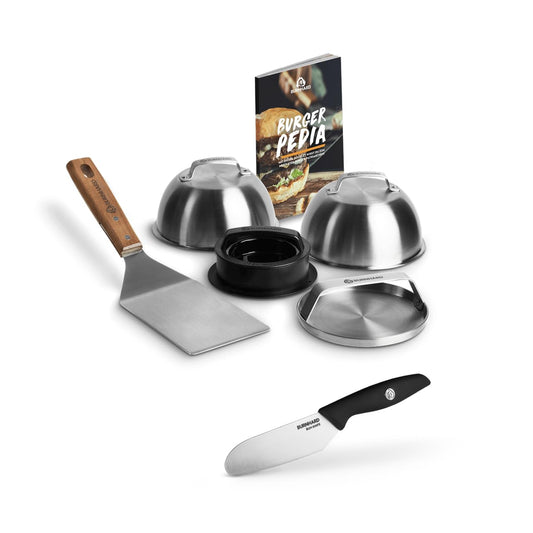 🍔 BURNHARD Burger-Set 6-tlg. – Inkl. Burgerpresse, Smasher, Wender, 2 Melting Domes & Rezeptheft aus Edelstahl