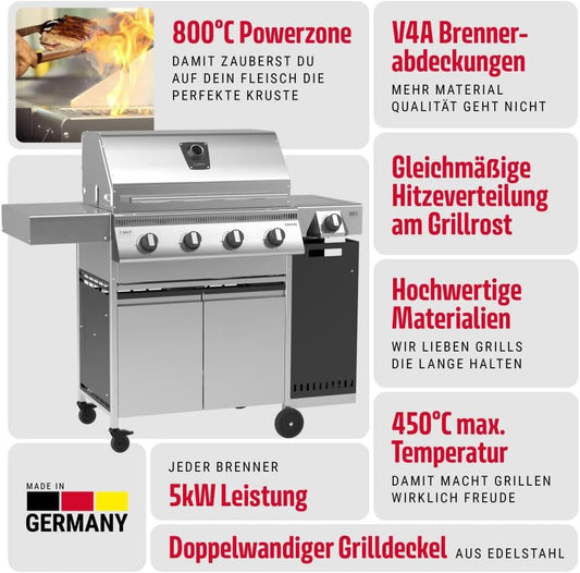 🔥 Schickling Gasgrill “Hermann XL – Deluxe” | Edelstahl Gasgrillwagen mit 4x 5 kW Brennern, 800 °C Seitenbrenner & Unterschrank – Made in Germany
