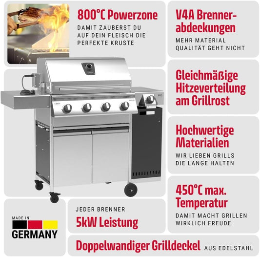 🔥 Schickling Gasgrill “Hermann XL – Pro” | Premium Edelstahl BBQ-Grill mit 4x5 kW Brennern, 800 °C Seitenbrenner & elektrischem Drehspieß – Made in Germany