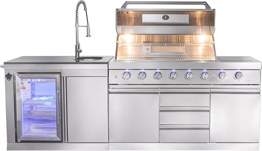 🔥 GORILLER® SG213 Outdoorküche aus Edelstahl | Premium BBQ-Küche mit Gasgrill, Rotisserie, Seitenkocher, Kühlschrank, Spüle & Regenhaube – alles in einem!