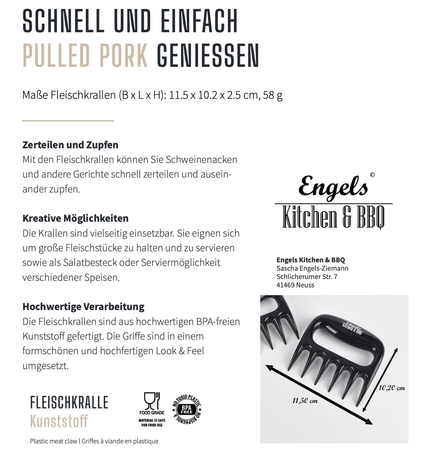Engels Kitchen and BBQ Premium Pulled Pork Claws/Meat Claws for plucking & fixing - Bear Claws for tearing meat apart (140, plastic)