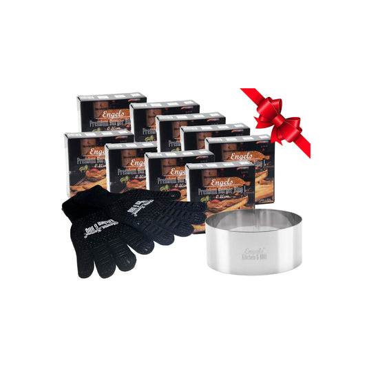 Charma Kaman 9 Stück Ø 10cm & Backhandschuhe Engels Premium Burger Ringe/Dessertringe/Speisenringe (9 L + Ofenhandschuhe, Metall)