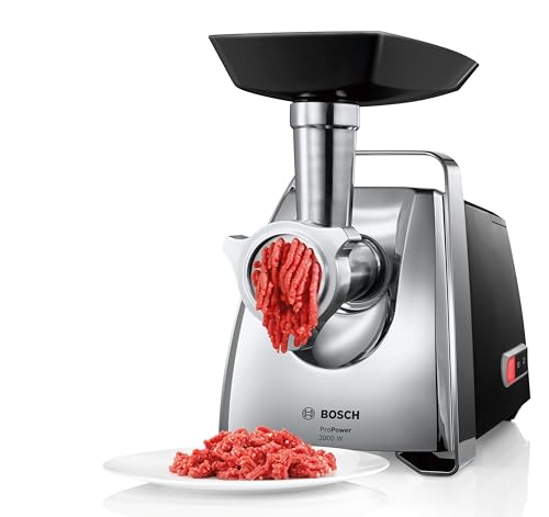 Bosch MFW67440 ProPower Fleischwolf | Elektrischer Fleischwolf 1500W | Mit 3 Lochscheiben & Aufsätzen für Wurst, Kebbe & Gemüse | 3,5 kg/min | Schwarz/Silber