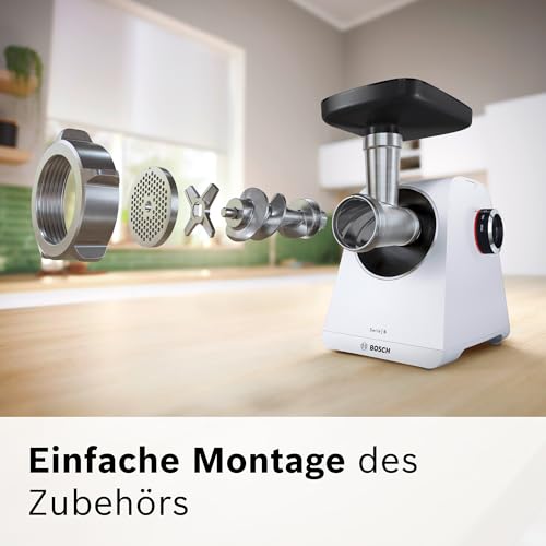 Bosch MFW67440 ProPower Fleischwolf | Elektrischer Fleischwolf 1500W | Mit 3 Lochscheiben & Aufsätzen für Wurst, Kebbe & Gemüse | 3,5 kg/min | Schwarz/Silber