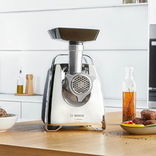 Bosch MFW67440 ProPower Fleischwolf | Elektrischer Fleischwolf 1500W | Mit 3 Lochscheiben & Aufsätzen für Wurst, Kebbe & Gemüse | 3,5 kg/min | Schwarz/Silber