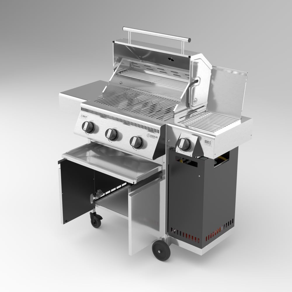 🔥 Schickling Gasgrill “Henry L – Deluxe” | Kompakter Edelstahl Gasgrillwagen mit 3x 5 kW Brennern, 800 °C Seitenbrenner & Unterschrank – Made in Germany
