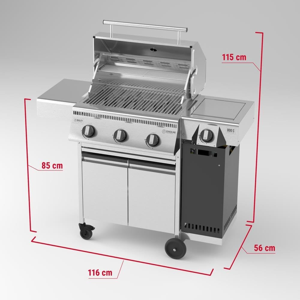 🔥 Schickling Gasgrill “Henry L – Deluxe” | Kompakter Edelstahl Gasgrillwagen mit 3x 5 kW Brennern, 800 °C Seitenbrenner & Unterschrank – Made in Germany
