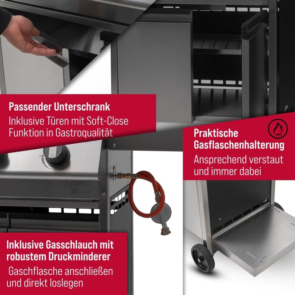 🔥 Schickling Gasgrill “Henry L – Deluxe” | Kompakter Edelstahl Gasgrillwagen mit 3x 5 kW Brennern, 800 °C Seitenbrenner & Unterschrank – Made in Germany