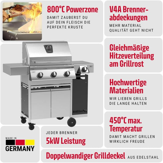 🔥 Schickling Gasgrill “Henry L – Deluxe” | Kompakter Edelstahl Gasgrillwagen mit 3x 5 kW Brennern, 800 °C Seitenbrenner & Unterschrank – Made in Germany