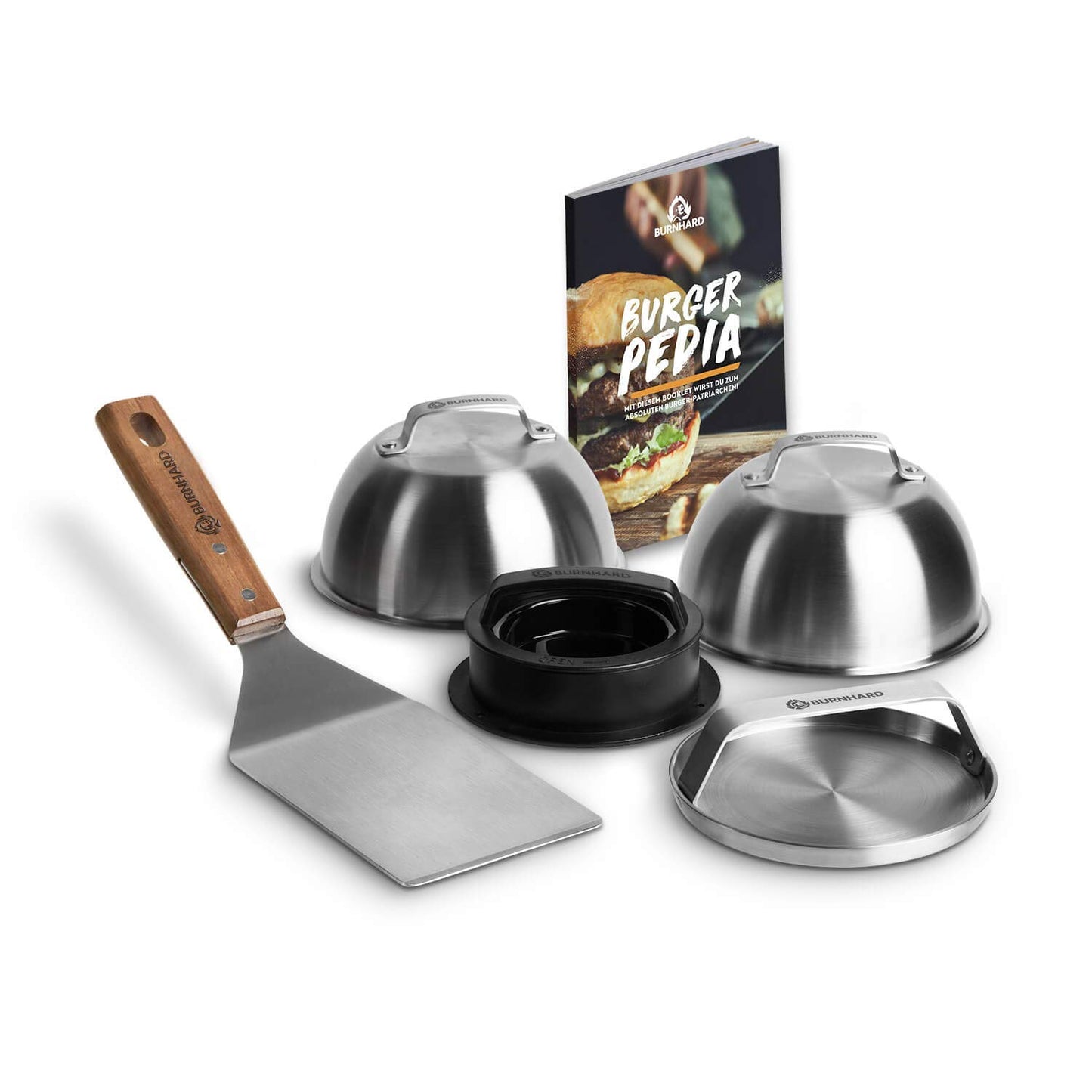 🍔 BURNHARD Burger-Set 6-tlg. – Inkl. Burgerpresse, Smasher, Wender, 2 Melting Domes & Rezeptheft aus Edelstahl