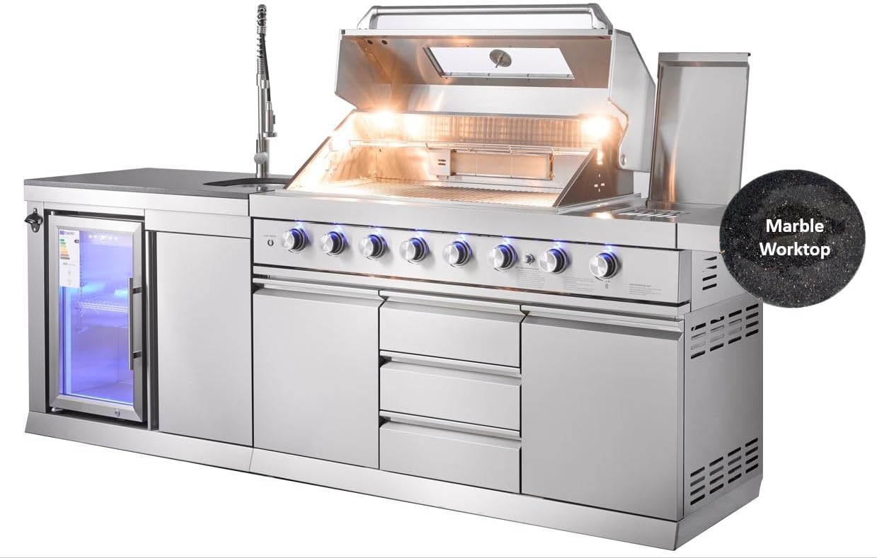 🔥 GORILLER® SG213 Outdoorküche aus Edelstahl | Premium BBQ-Küche mit Gasgrill, Rotisserie, Seitenkocher, Kühlschrank, Spüle & Regenhaube – alles in einem!