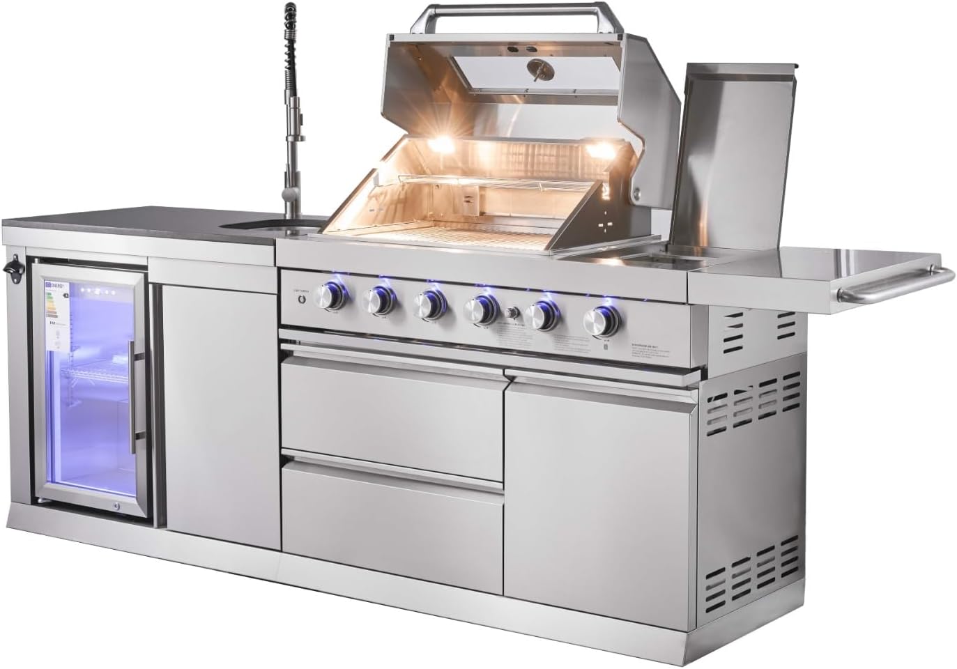 🔥 GORILLER® SG213 Outdoorküche aus Edelstahl | Premium BBQ-Küche mit Gasgrill, Rotisserie, Seitenkocher, Kühlschrank, Spüle & Regenhaube – alles in einem!