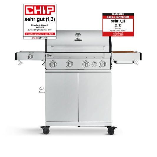 🔥 BURNHARD Big Fred Deluxe Series 3 – 4-Brenner Gasgrill mit Infrarot-Keramikbrenner (900 °C), Backburner, Seitenkochfeld & Edelstahl-Trolley inkl. Grillabdeckung