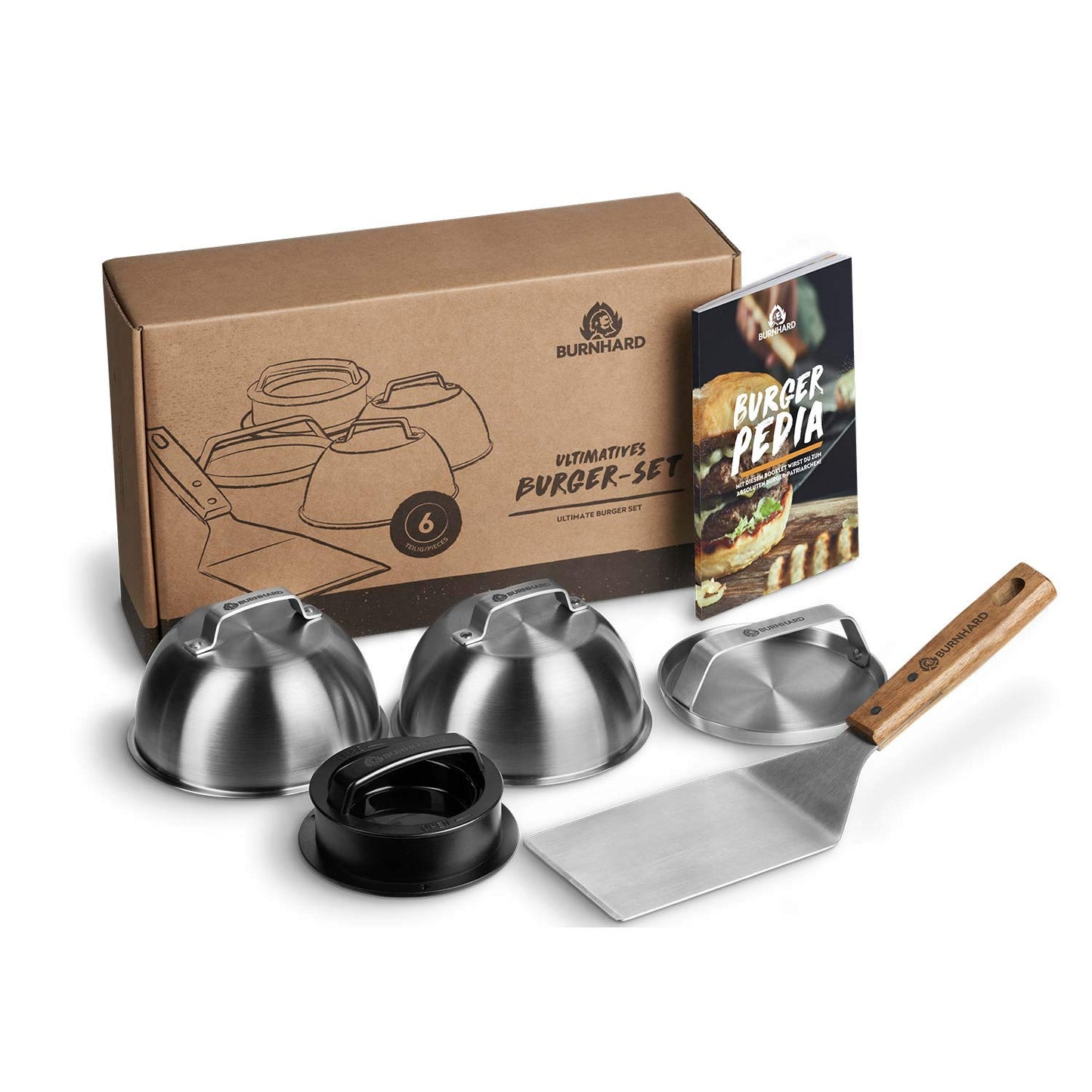 🍔 BURNHARD Burger-Set 6-tlg. – Inkl. Burgerpresse, Smasher, Wender, 2 Melting Domes & Rezeptheft aus Edelstahl