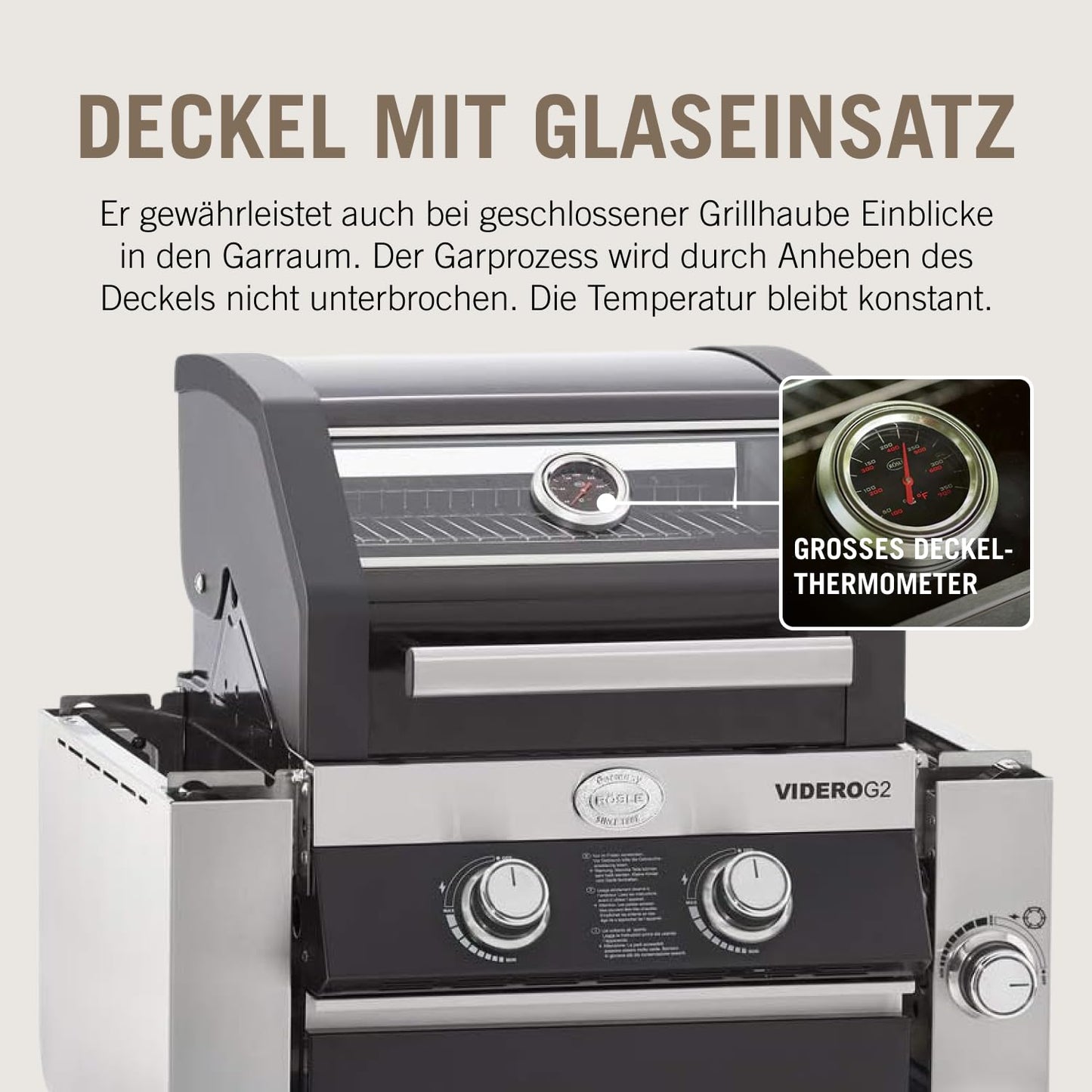 🔥 RÖSLE Gasgrill BBQ-Station VIDERO G4 | Edelstahl-Gasgrill mit 4x 3,5 kW Brennern & Seitenbrenner, Sichtfenster & Thermometer – Komfort pur beim Grillen