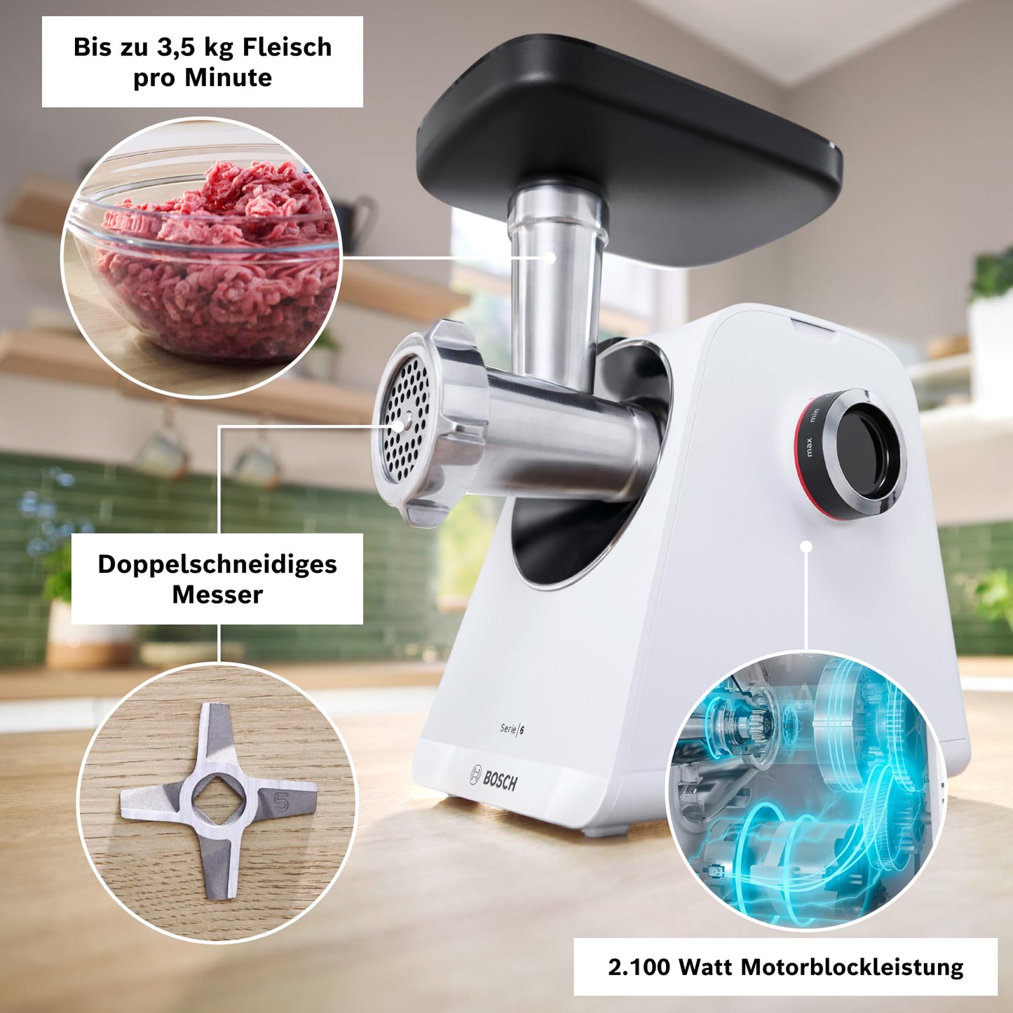 Bosch MFW67440 ProPower Fleischwolf | Elektrischer Fleischwolf 1500W | Mit 3 Lochscheiben & Aufsätzen für Wurst, Kebbe & Gemüse | 3,5 kg/min | Schwarz/Silber