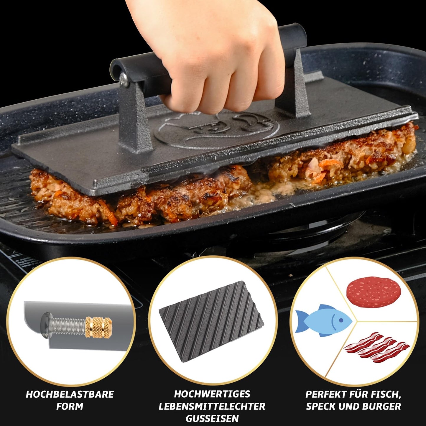 Burgerpresse Gusseisen antihaft (Ø15 cm) – Der große Burger Smasher für perfekte Smash Burger