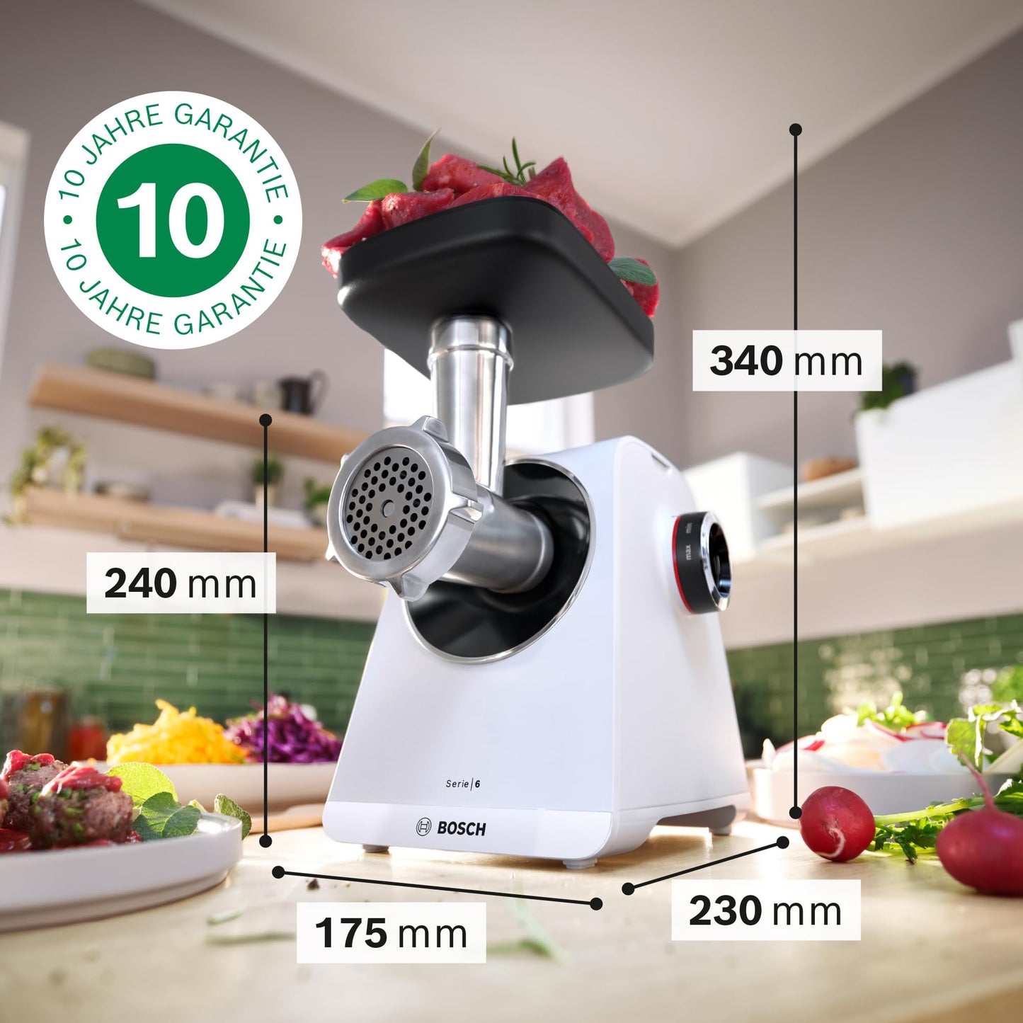 Bosch MFW67440 ProPower Fleischwolf | Elektrischer Fleischwolf 1500W | Mit 3 Lochscheiben & Aufsätzen für Wurst, Kebbe & Gemüse | 3,5 kg/min | Schwarz/Silber