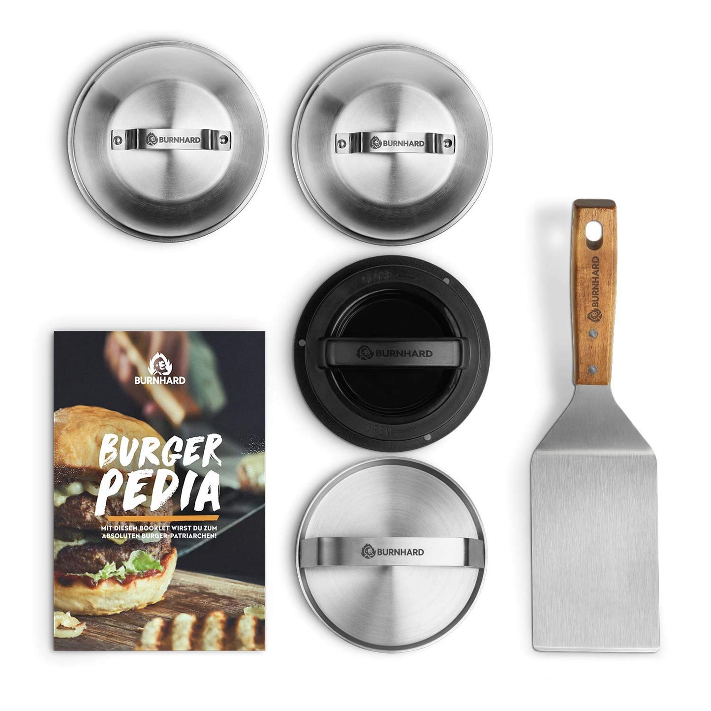 🍔 BURNHARD Burger-Set 6-tlg. – Inkl. Burgerpresse, Smasher, Wender, 2 Melting Domes & Rezeptheft aus Edelstahl