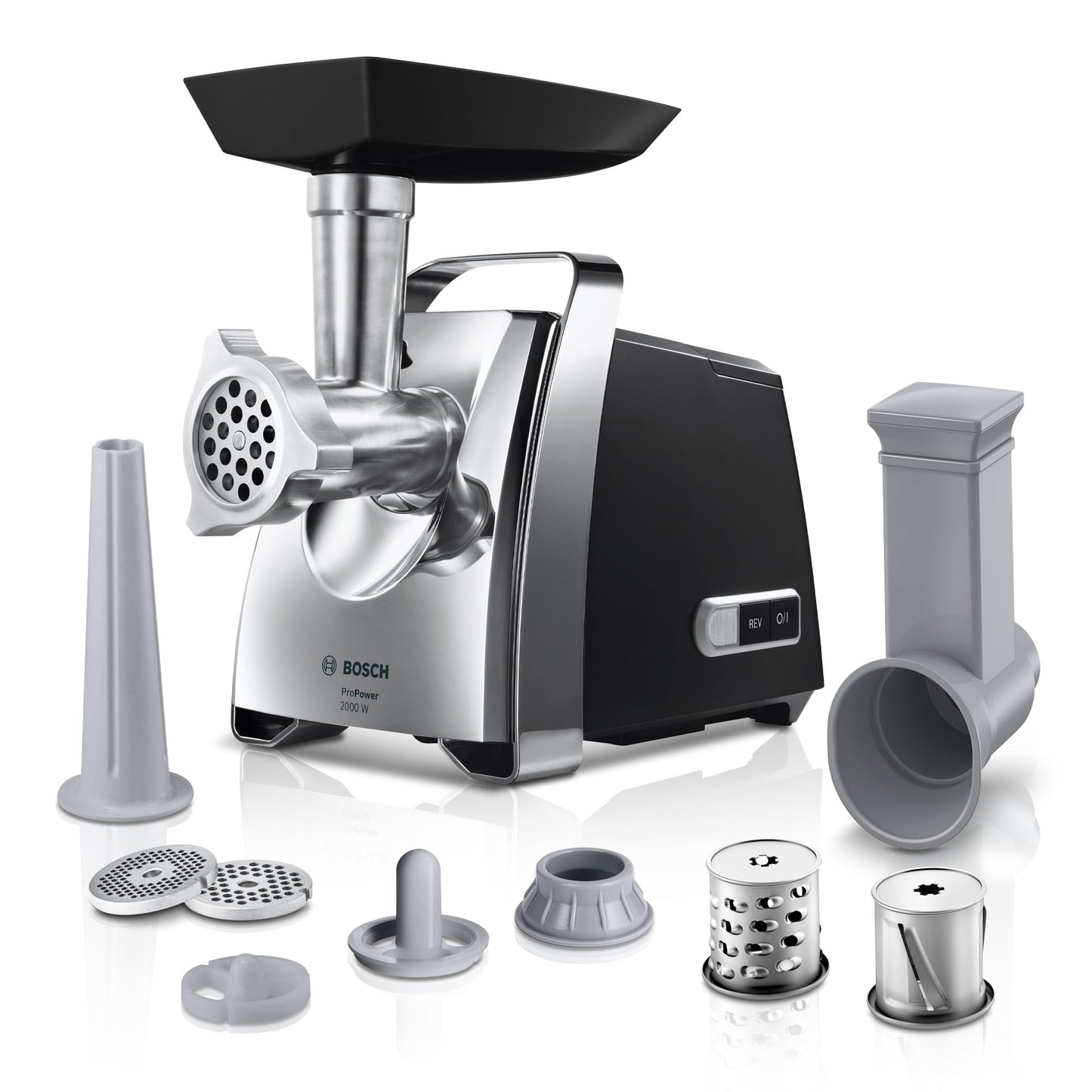 Bosch MFW67440 ProPower Fleischwolf | Elektrischer Fleischwolf 1500W | Mit 3 Lochscheiben & Aufsätzen für Wurst, Kebbe & Gemüse | 3,5 kg/min | Schwarz/Silber