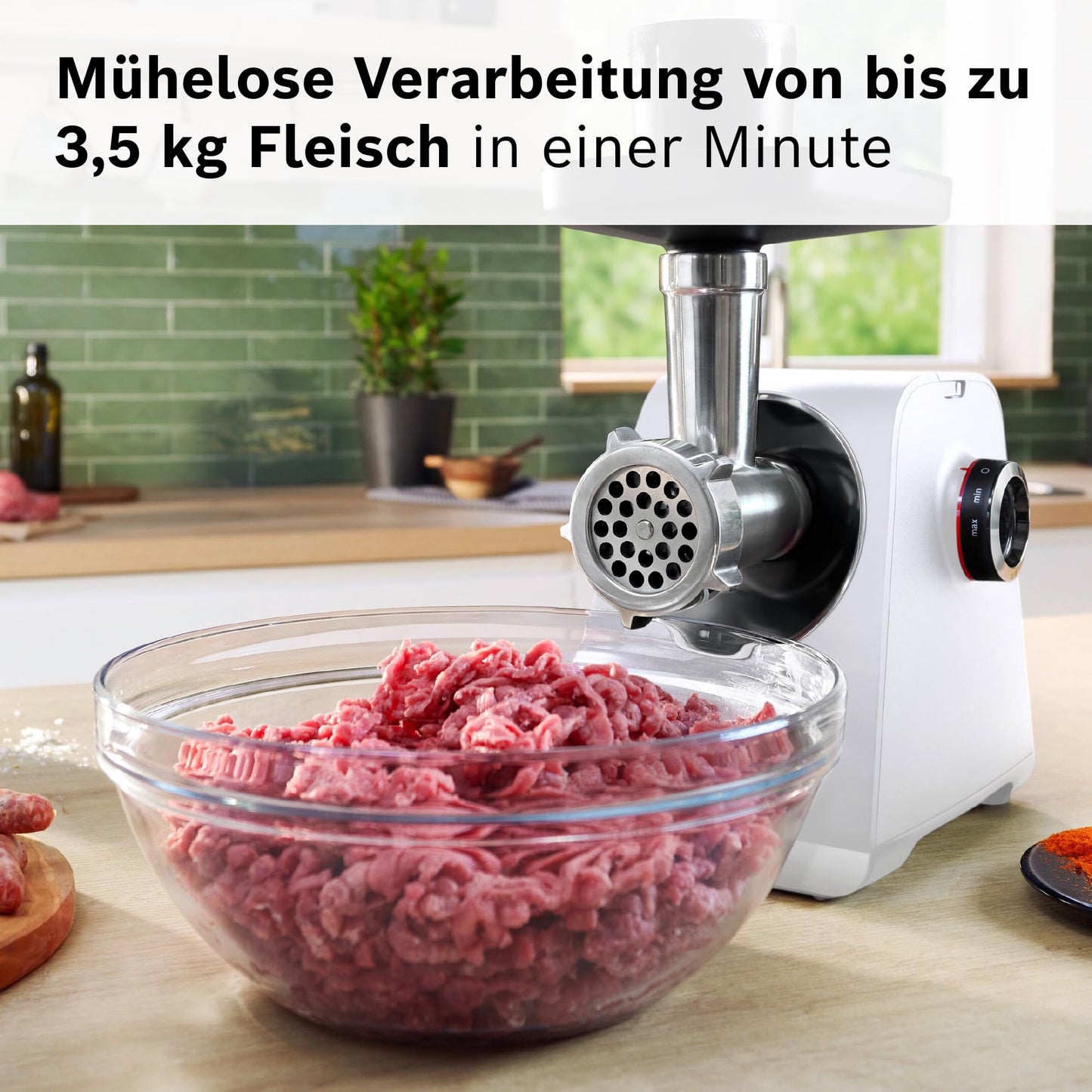 Bosch MFW67440 ProPower Fleischwolf | Elektrischer Fleischwolf 1500W | Mit 3 Lochscheiben & Aufsätzen für Wurst, Kebbe & Gemüse | 3,5 kg/min | Schwarz/Silber